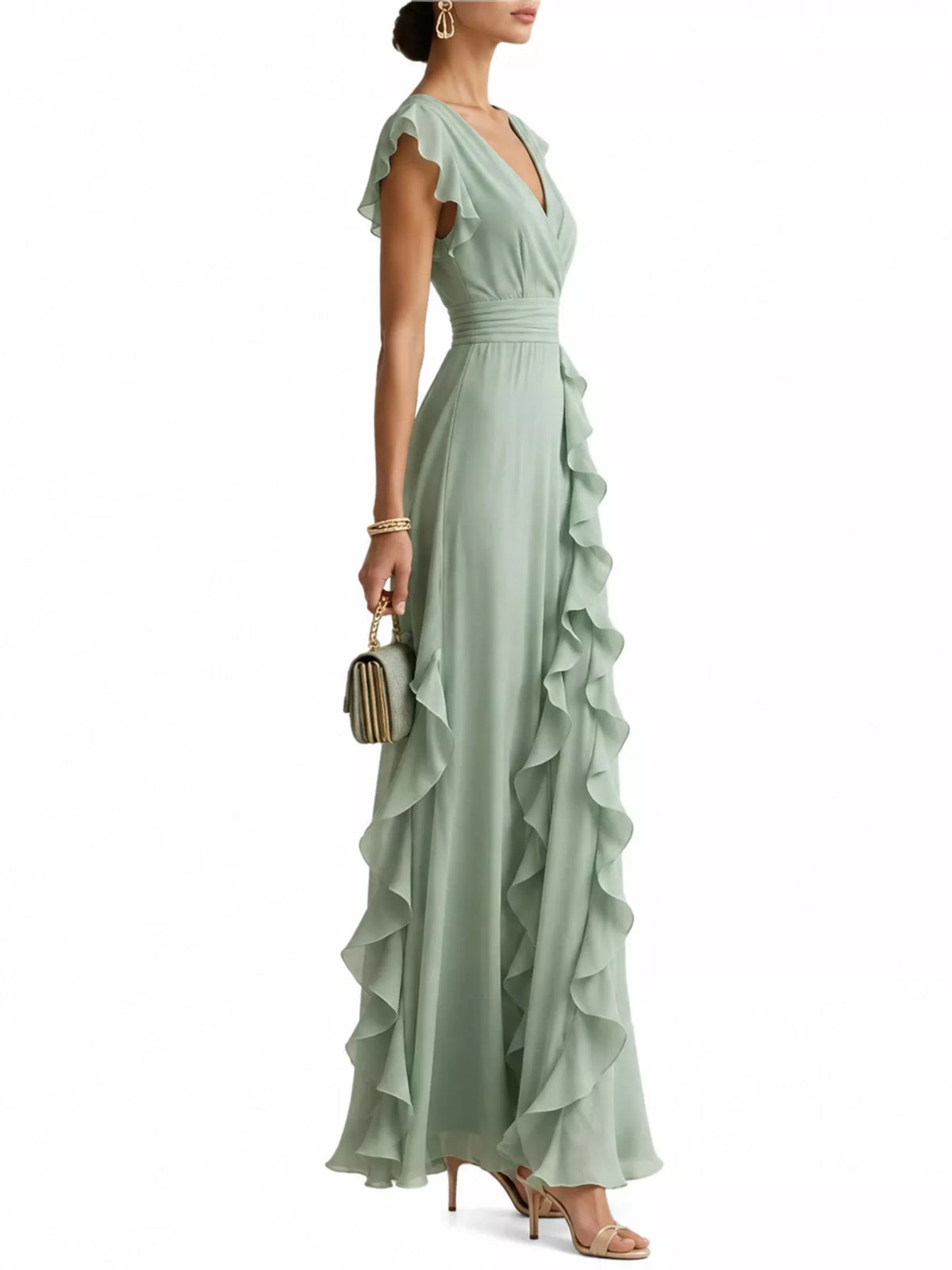 Sleeveless ruffled high-waist maxi dress in sage green with side ruffle tiers and fitted waist