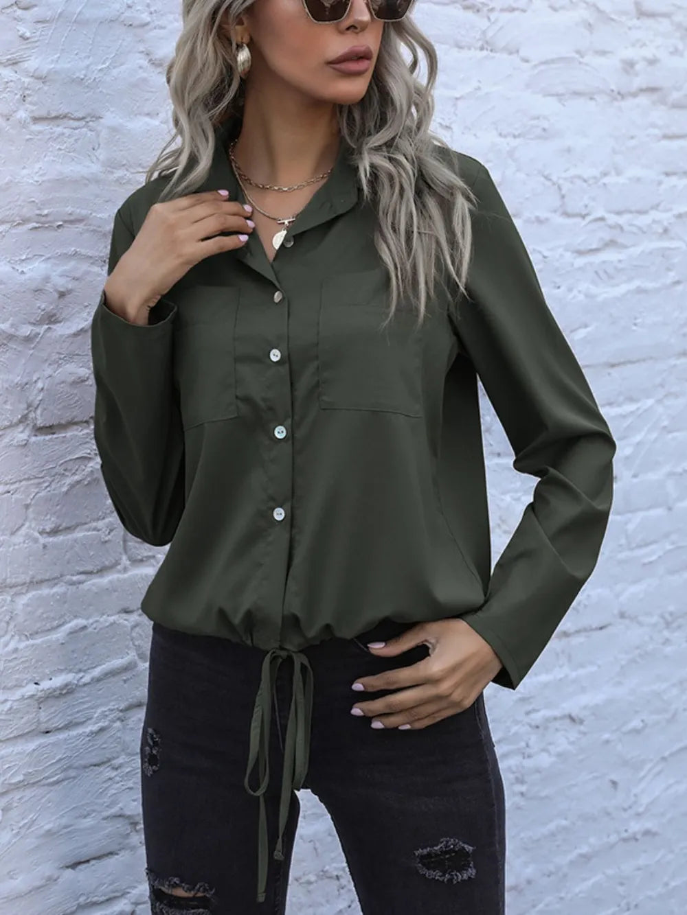 Dark olive long-sleeve button down shirt with tied hem and chest pocket