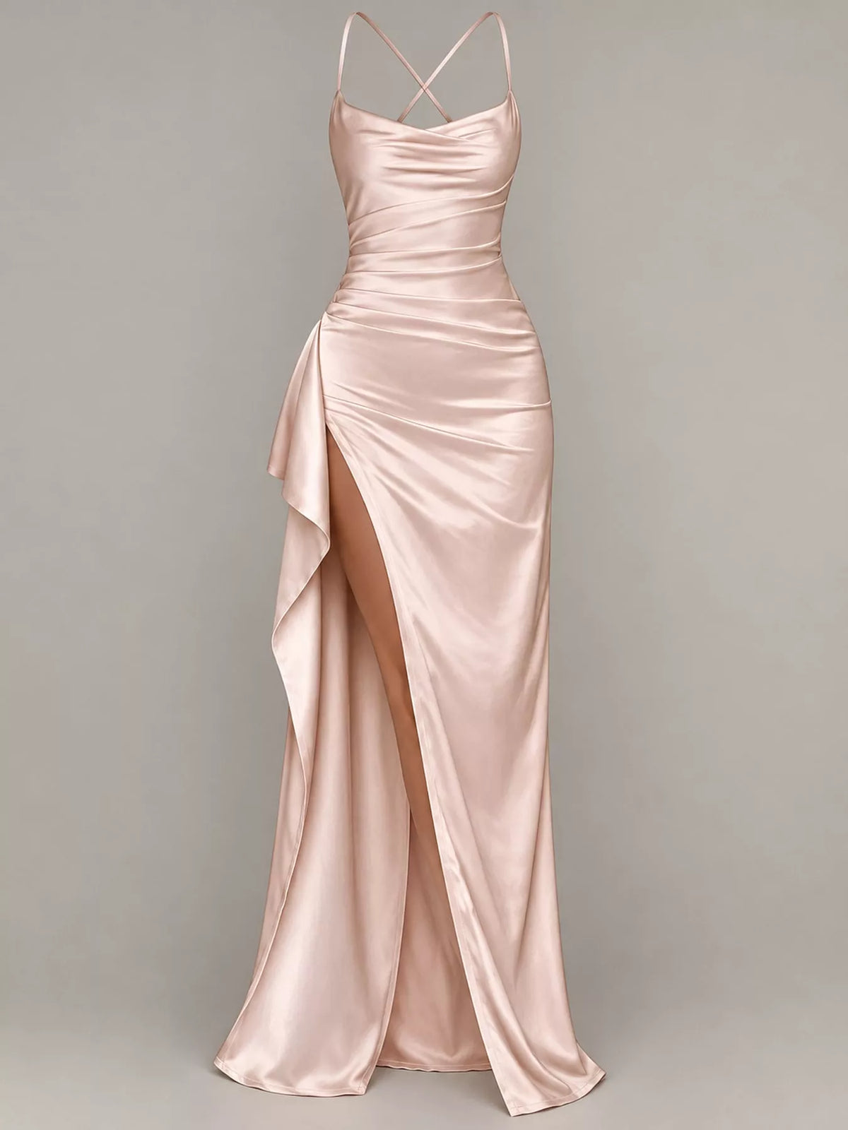 Pale pink satin ruched maxi dress with spaghetti straps and high side slit