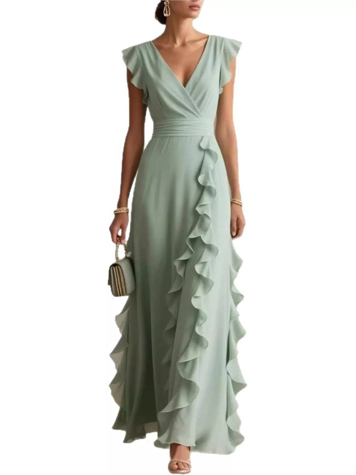 Sleeveless ruffled high-waist maxi dress in sage green with V-neck and layered skirt ruffles