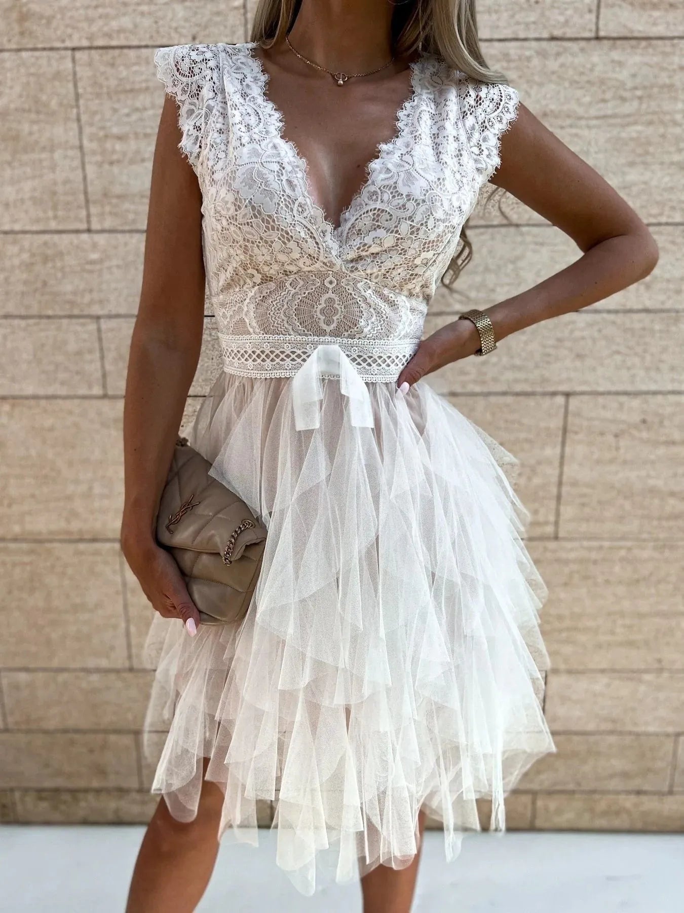 White Lace V-Neck Ruffle Dress with belted waist and tulle skirt