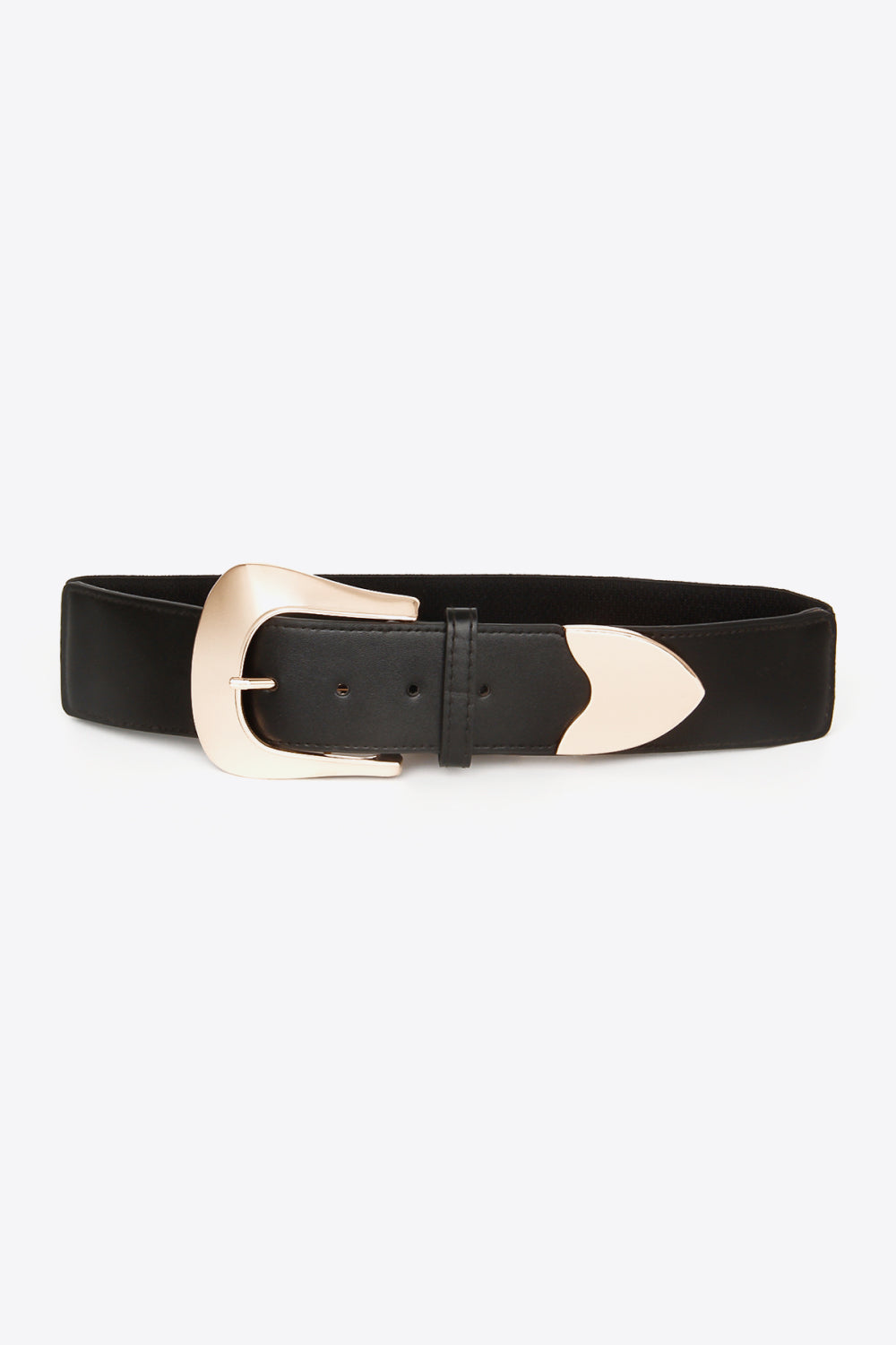 Black elastic wide vegan belt with gold-toned buckle and curved metal frame