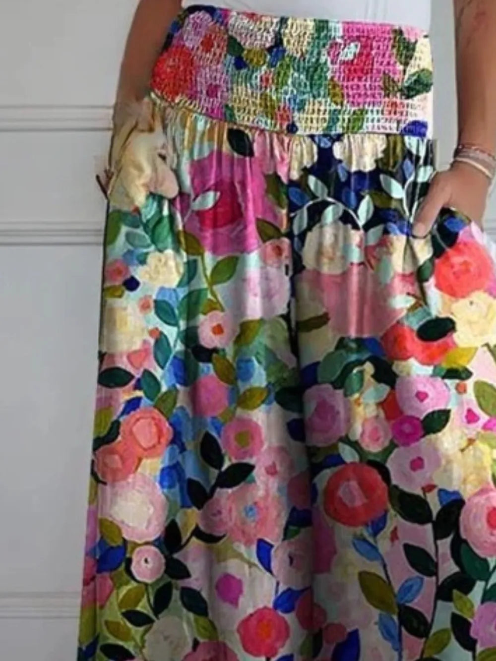 Colorful floral wide-leg pants with smocked waistband and flowing gathered fabric