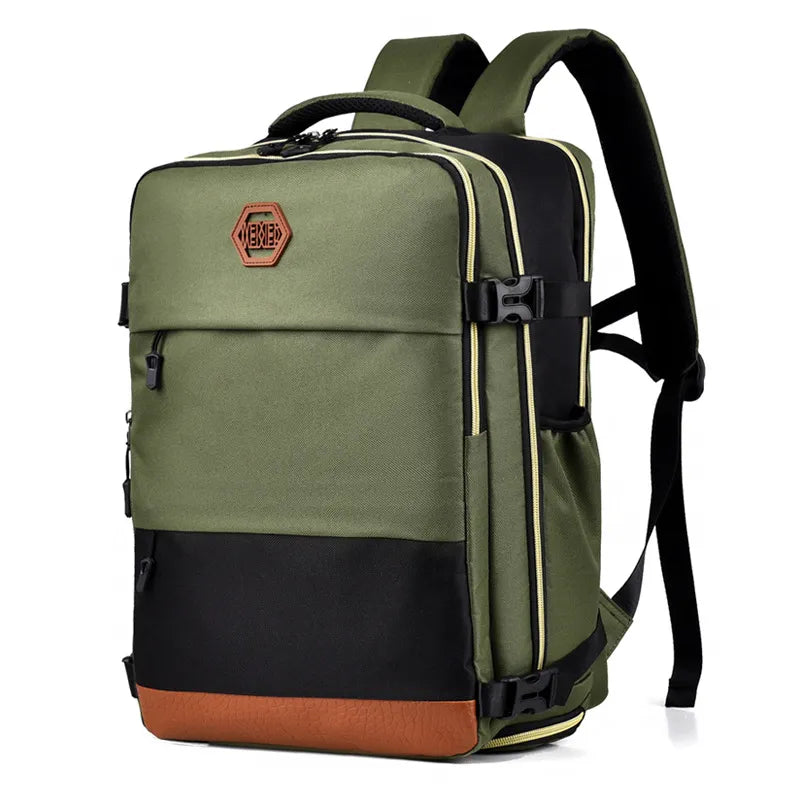 Multi-pocket backpack bag in matcha green with black bottom and brown base; front buckles