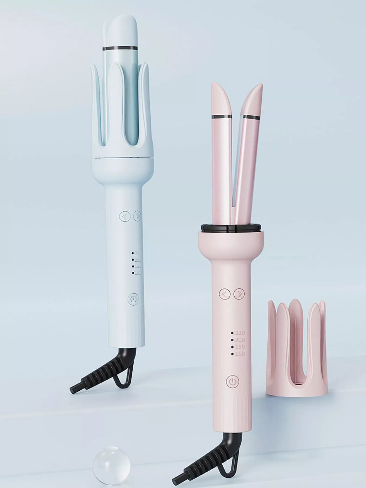 Pink and blue automatic rotating hair curling irons with clip-on protective rests