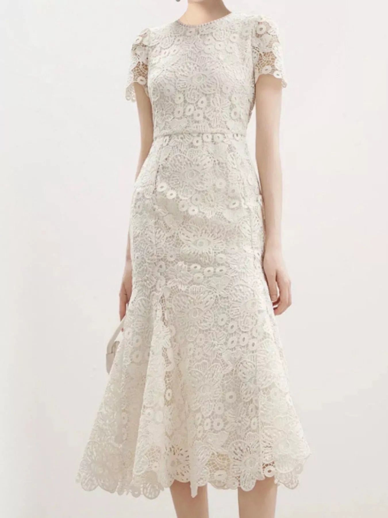 Cedar & Moore Lace Short Sleeve Mermaid Dress in ivory with floral lace and zipper