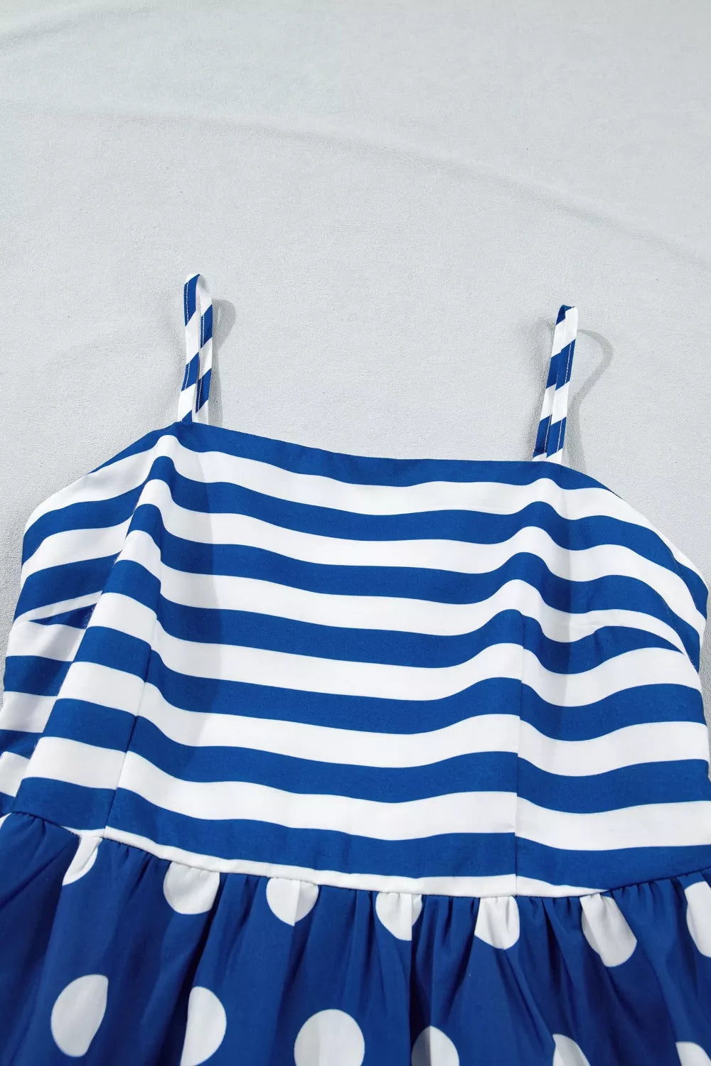 Cedar & Moore Striped patchwork spaghetti-strap maxi dress with blue and white stripes and polka-dot skirt