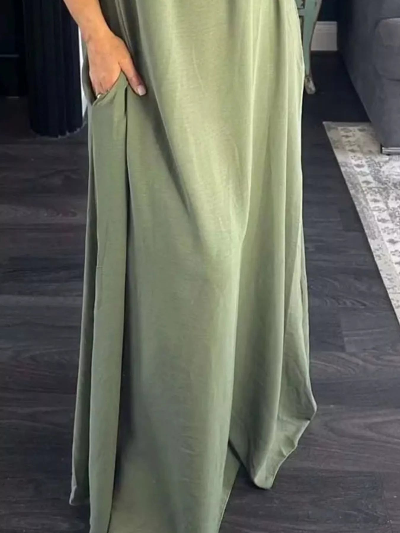 Plus Size maxi dress, sage green, ruffled straps, pocketed, flowy