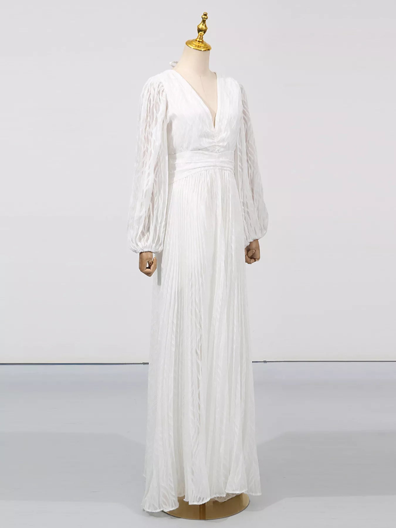 Cedar & Moore V-Neck Long Sleeve Maxi Dress, white, sheer pleated sleeves, Trendsi