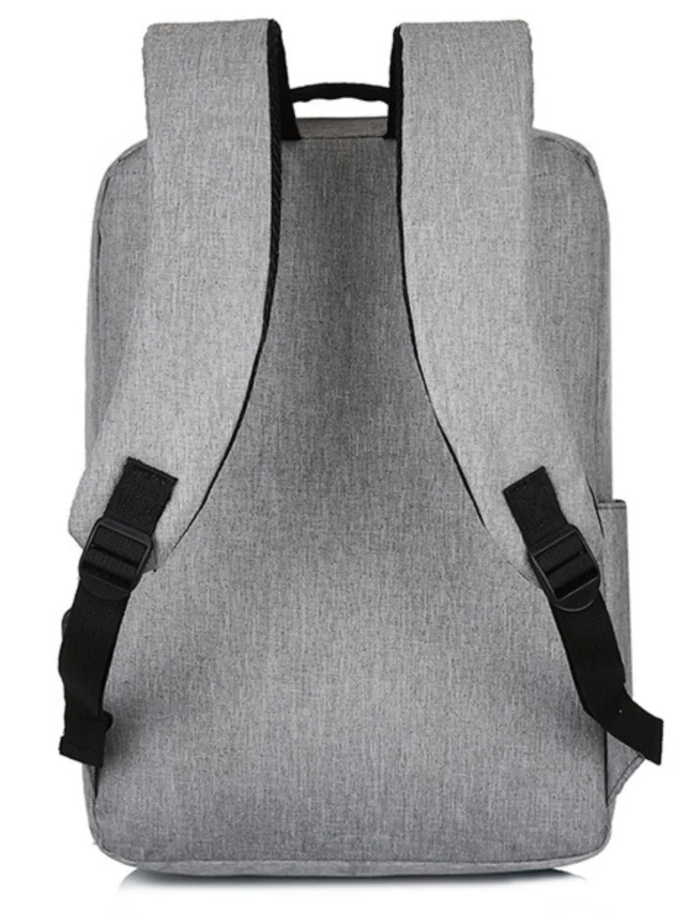 Light gray backpack viewed from the back with adjustable shoulder straps and center seam.