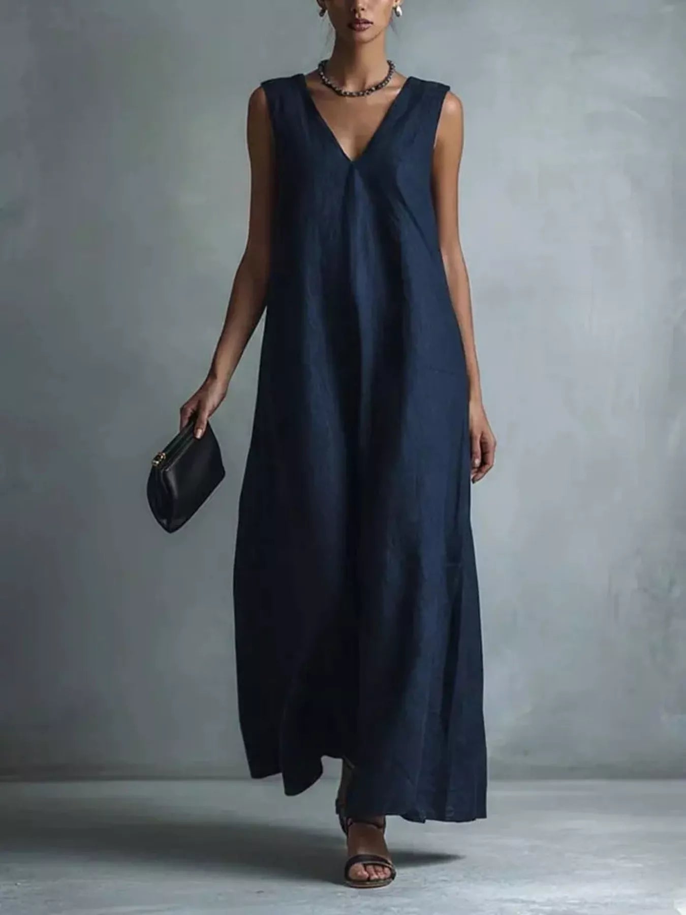 Dark blue V-neck sleeveless maxi dress, flowing drape, sleeveless
