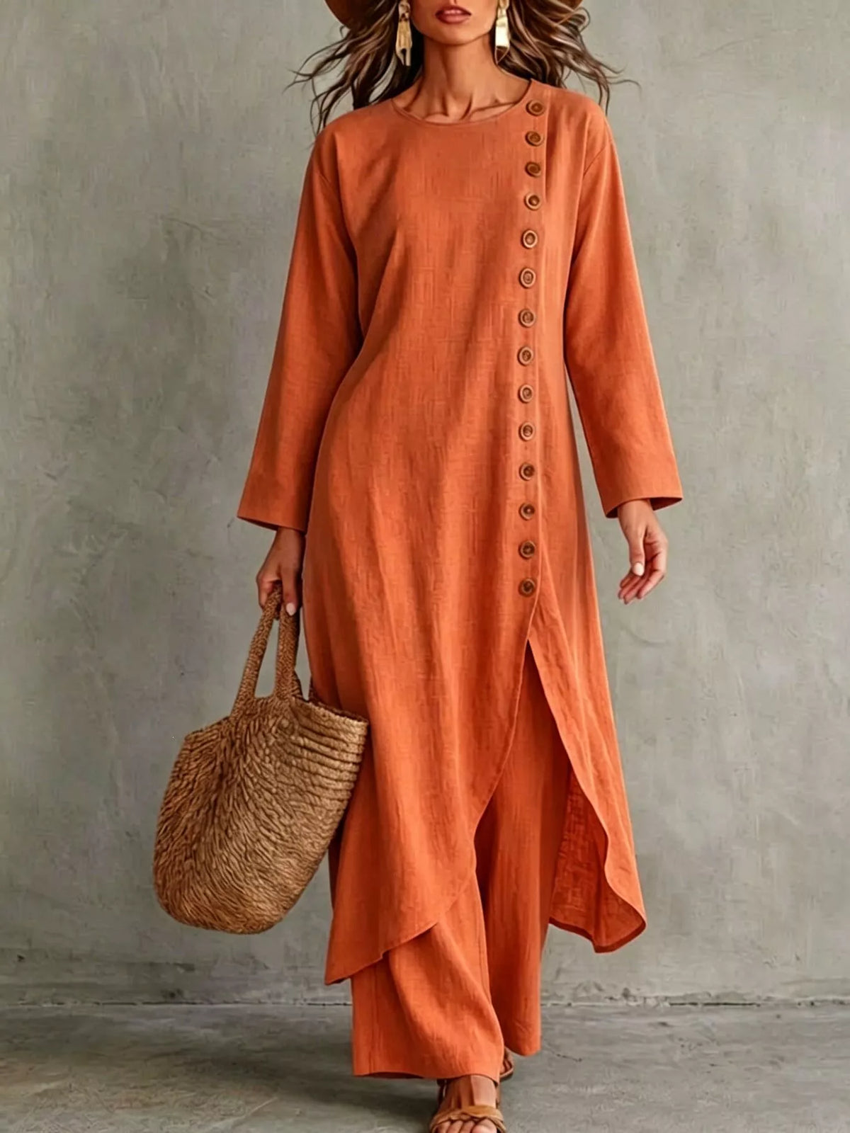 Rust orange longline top and pants set, round neck, vertical side-button placket, draped hem