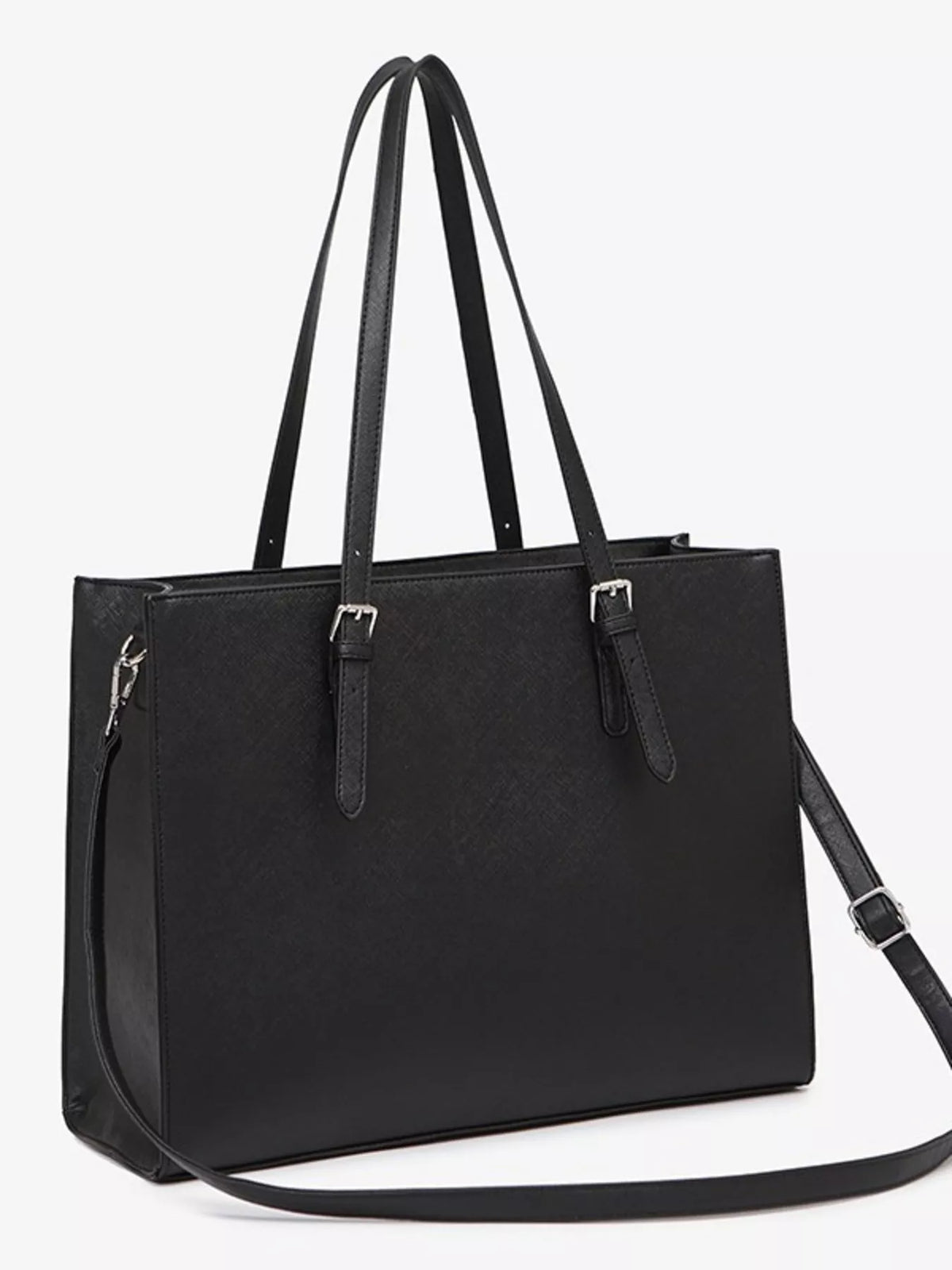 Black large tote bag with two top handles and crossbody strap; front view with buckle tabs.