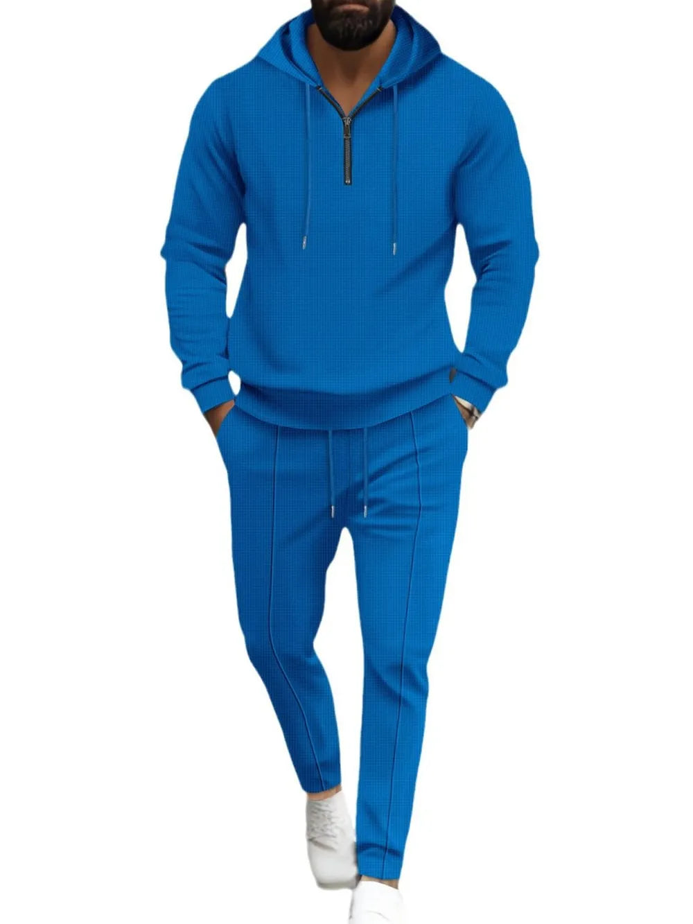 Men's waffle-knit half-zip hoodie and pants set, royal blue
