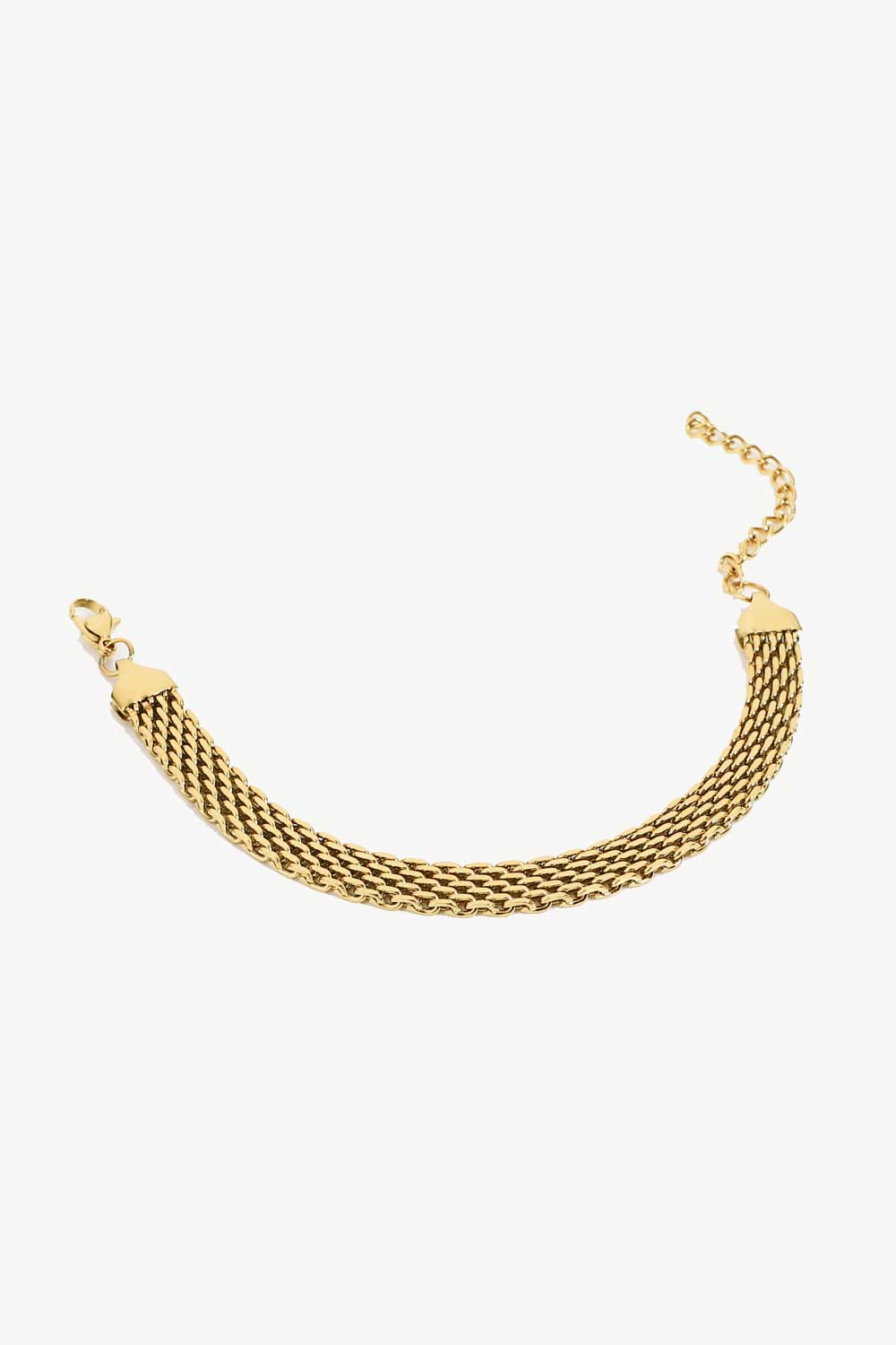 Gold-plated wide chain bracelet with woven links and short hanging chain