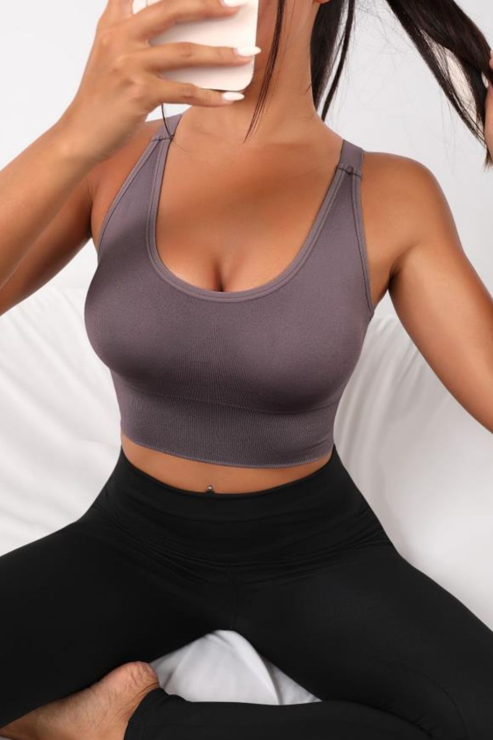 Mauve long active bra with scoop neckline and wide ribbed underband