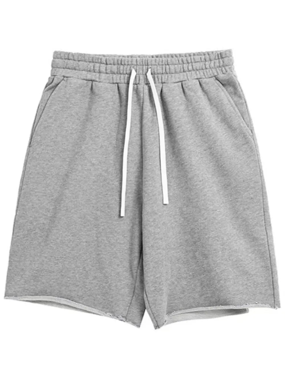 Gray men’s athletic drawstring shorts with elastic waist and white-tie drawcord, above-knee.