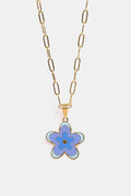 Gold-tone flower pendant necklace with blue enamel five-petal flower charm