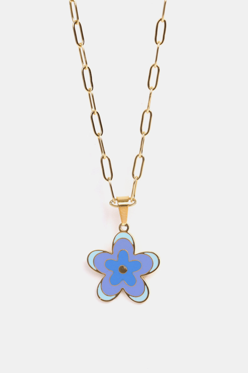 Gold-tone flower pendant necklace with blue enamel five-petal flower charm