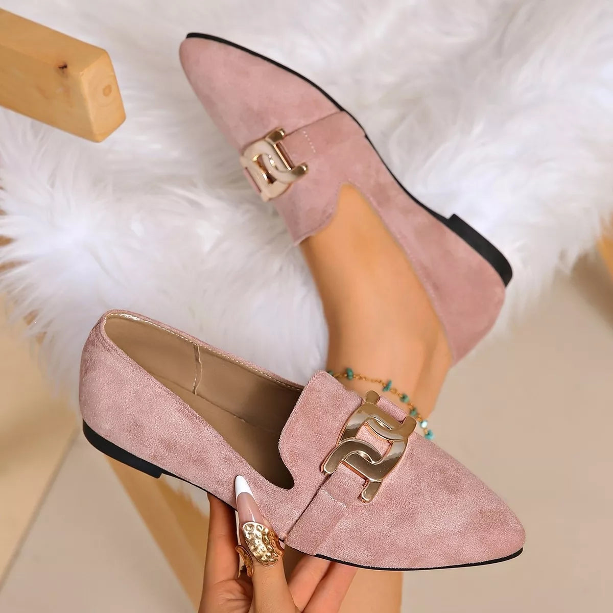 Dusty pink suede pointed loafer with gold chain link buckle detail