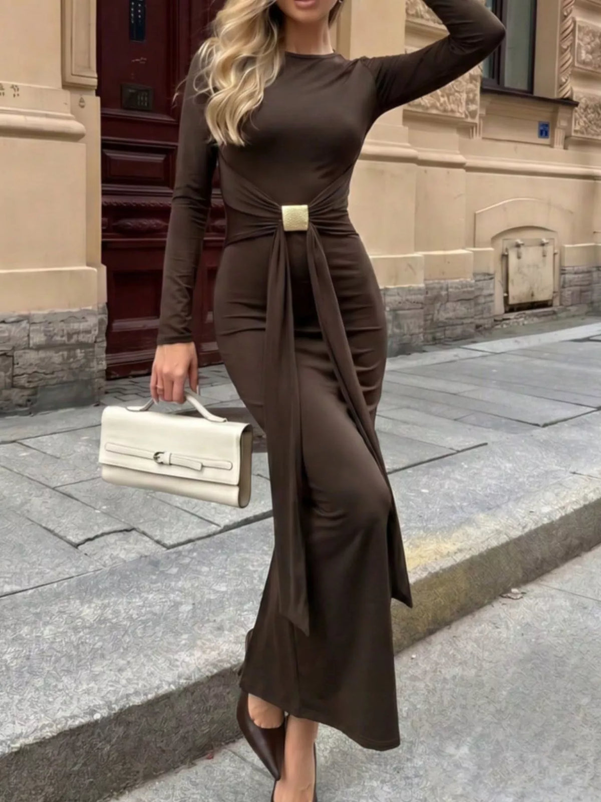 Dark brown backless long-sleeve bodycon maxi dress with ruched waist and draped tie
