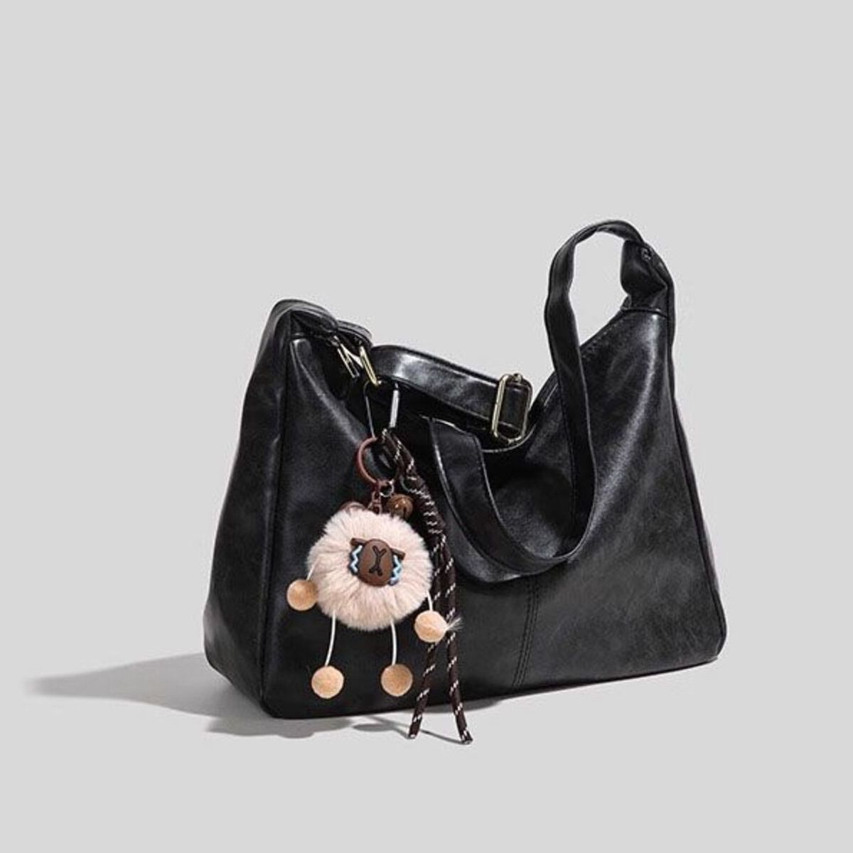 Vintage Style Hobo Shoulder Bag by Trendsi, black PU leather with plush animal keychain charm