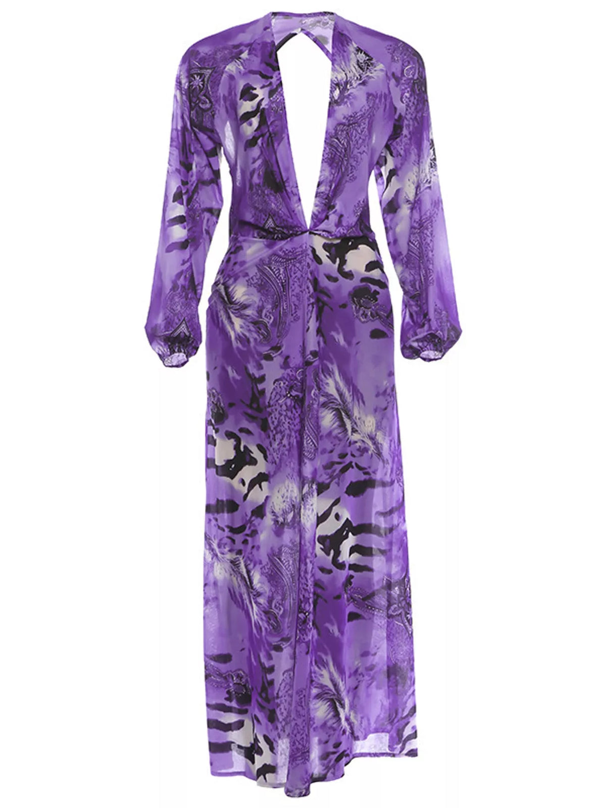Purple printed maxi dress with open back cutout and long loose sleeves