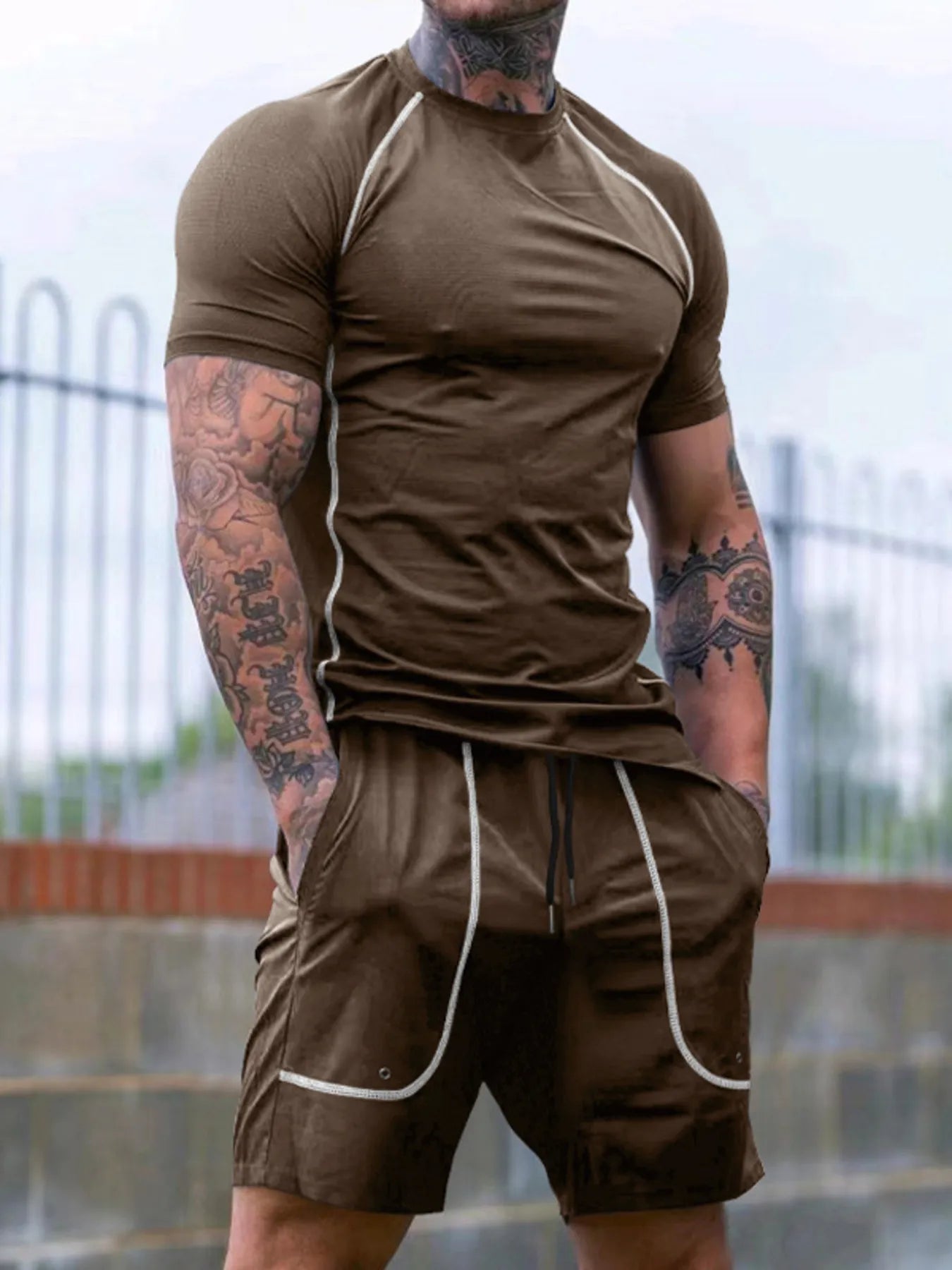 Men's t-shirt and shorts set in dark brown: crew-neck tee and drawstring shorts