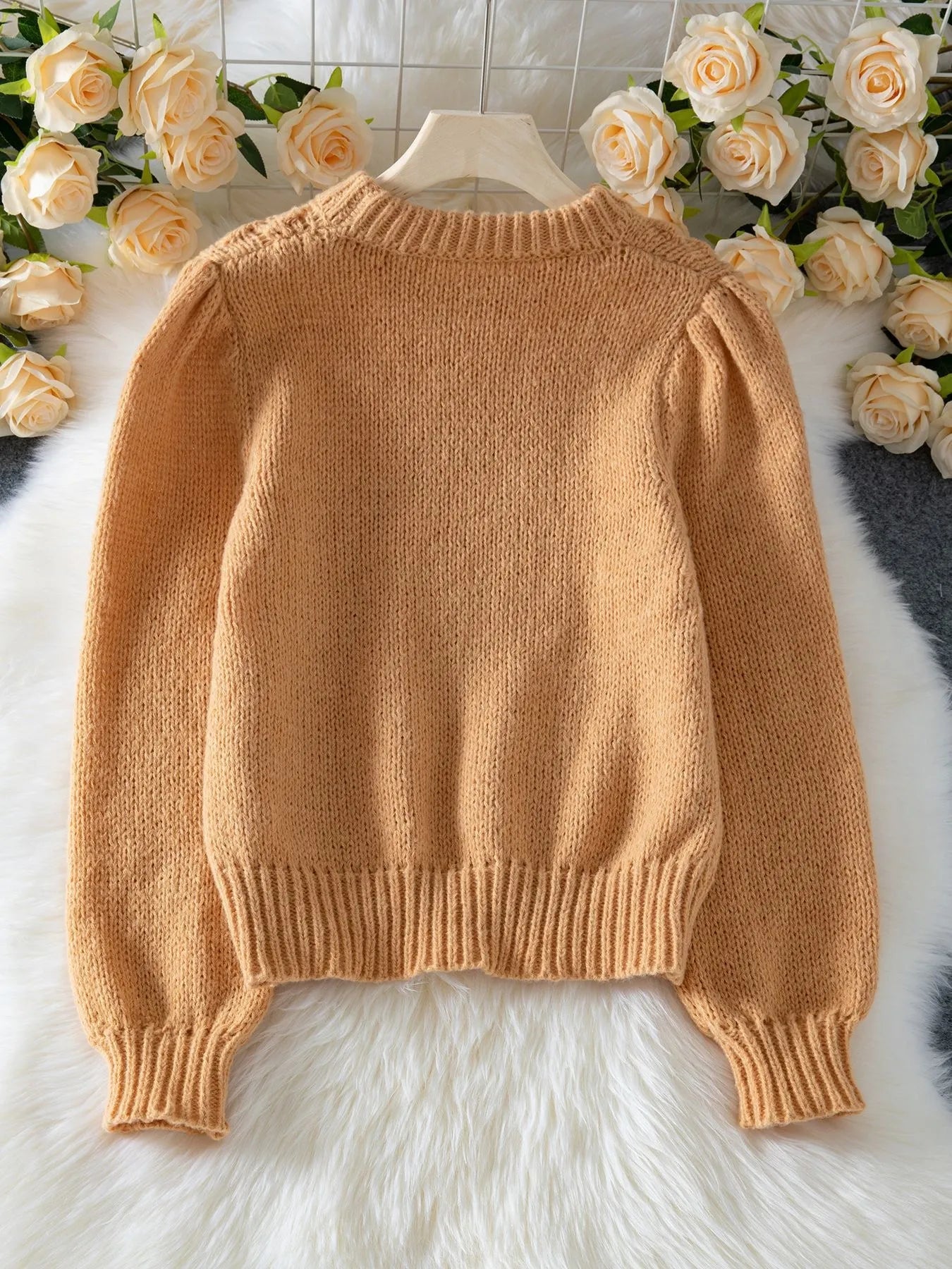 Khaki textured knit round neck long sleeve sweater, front view laid flat