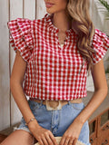 Gingham ruffle-sleeve blouse in red and white check