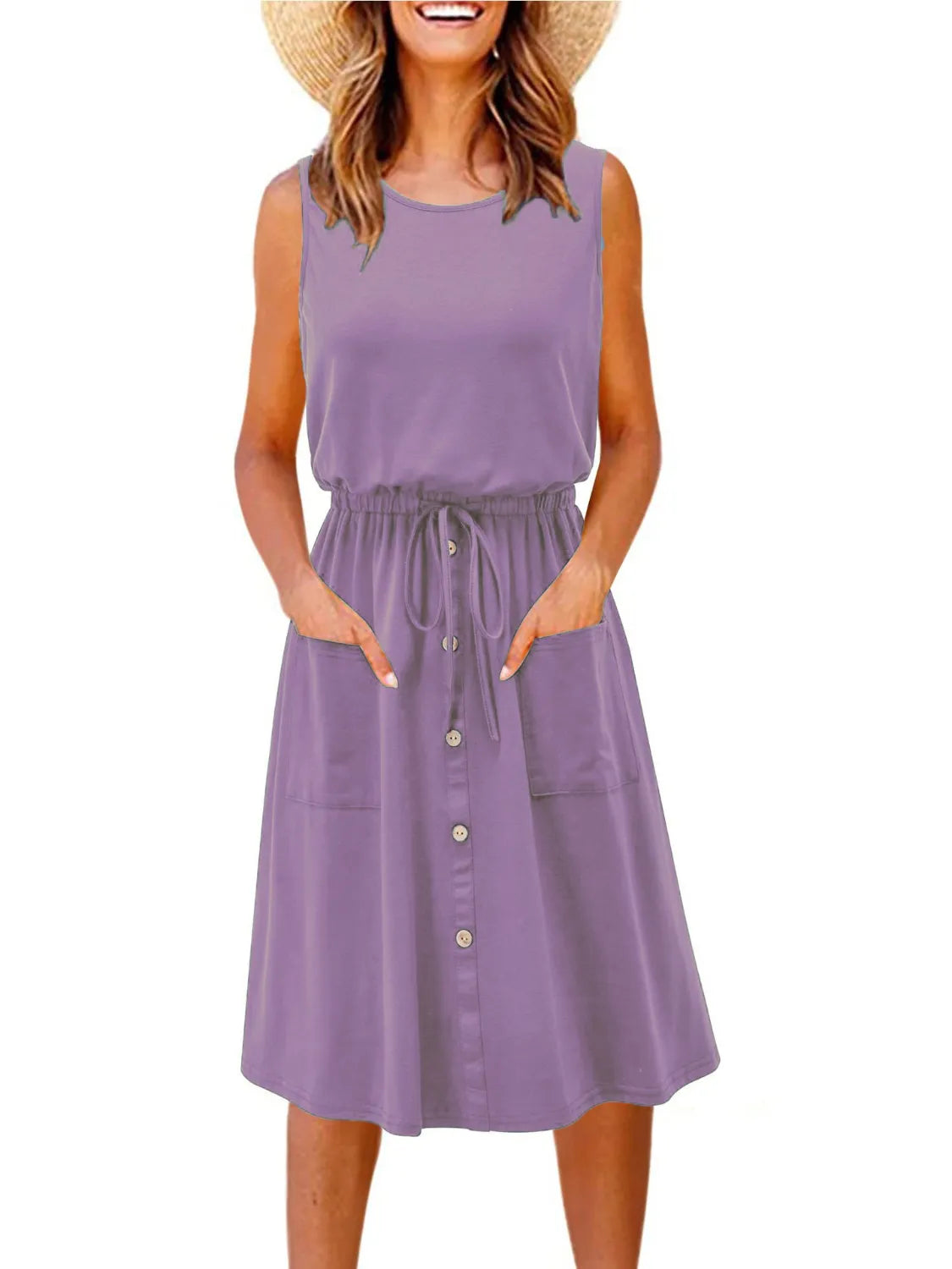 Trendsi lavender plus-size tank dress with drawstring waist, button-front and pockets