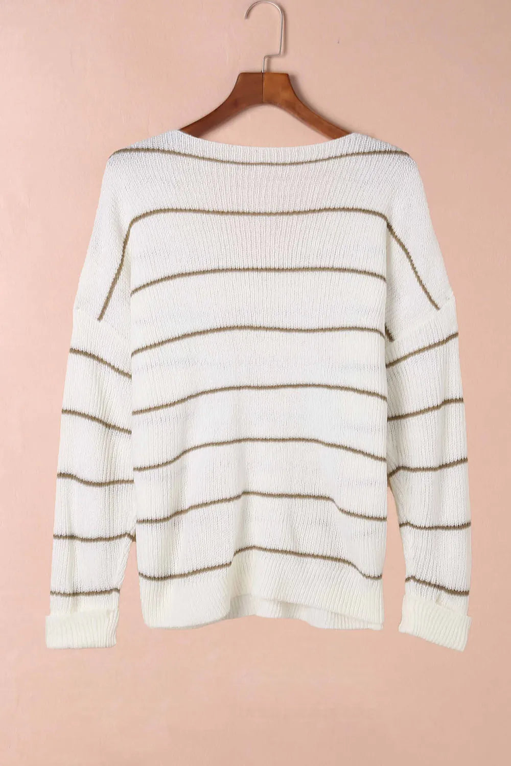 White striped knit sweater with ribbed crew neckline and long sleeves