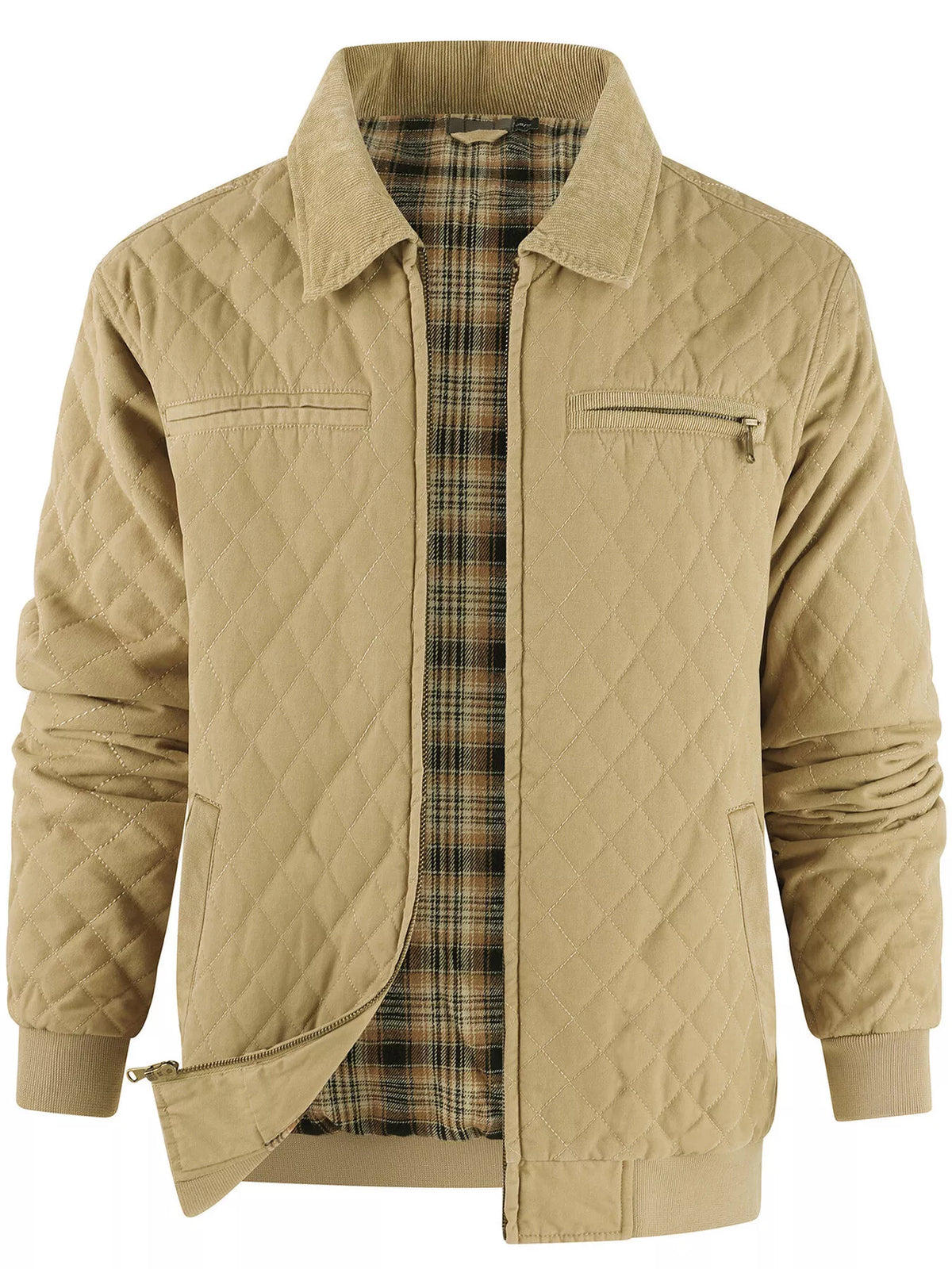 Tan quilted zip-up jacket with brown plaid lining, stand collar, and zip pockets
