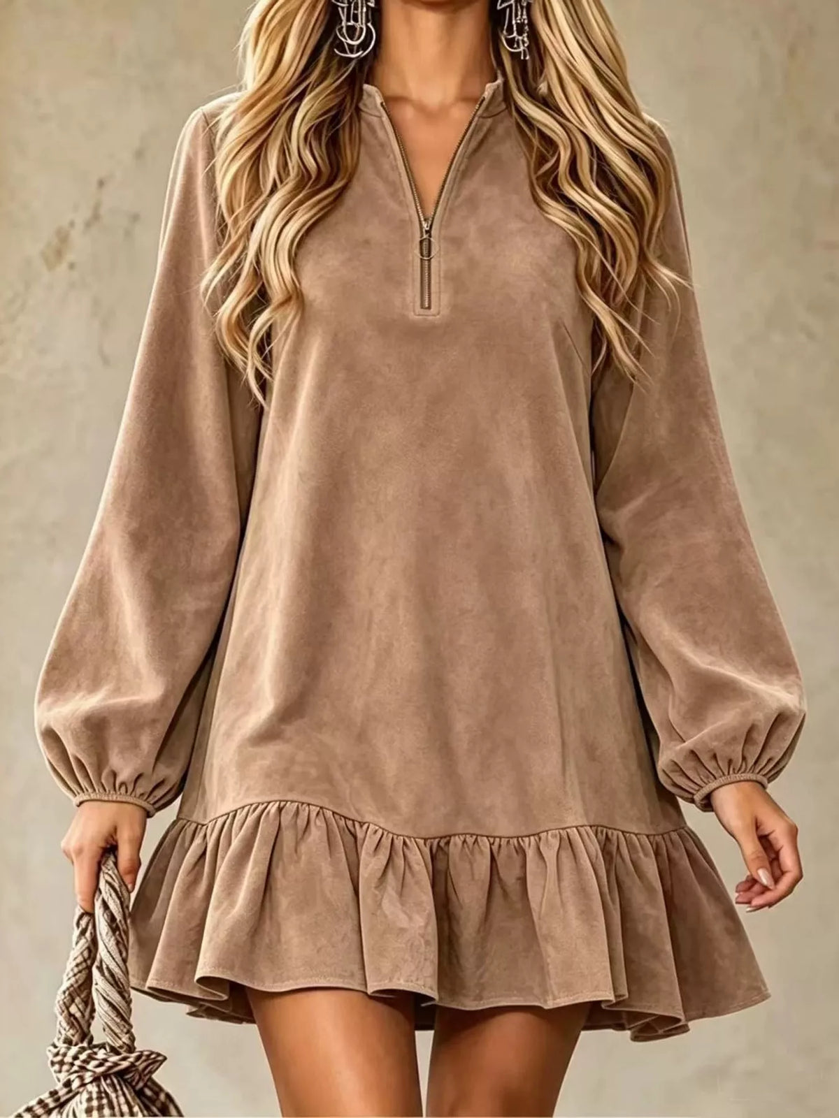 Camel relaxed-fit quarter-zip mini dress with ruffle hem and long balloon sleeves