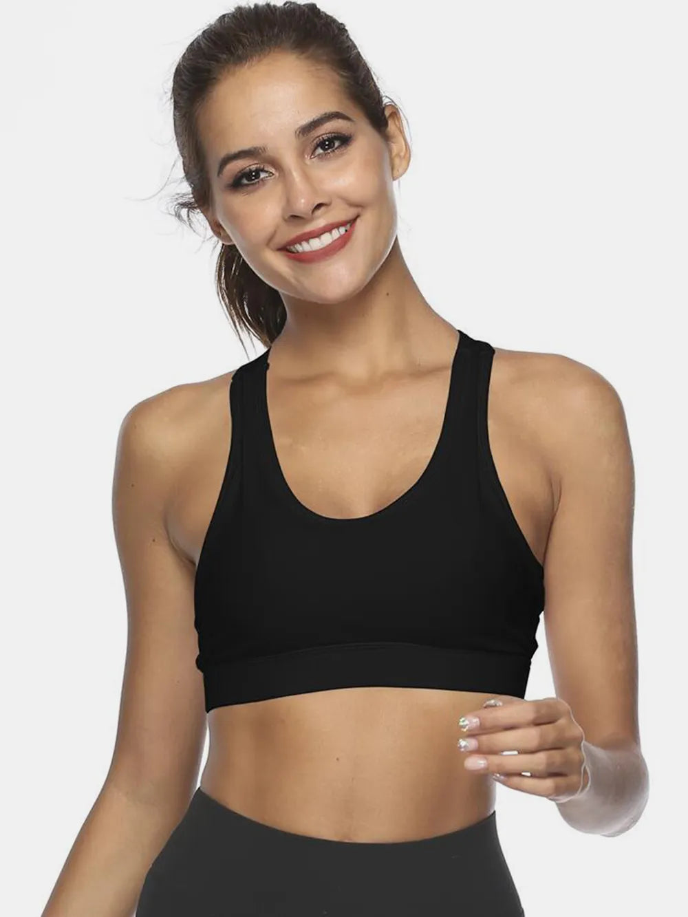 Black scoop neck active tank with racerback; cropped fit