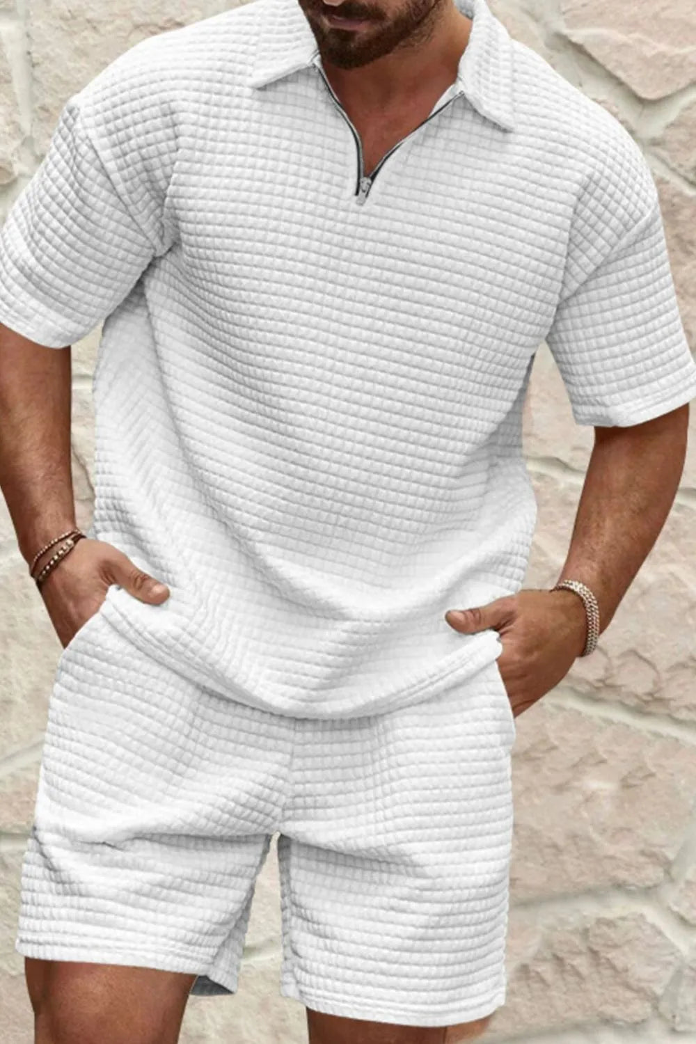 Men's knit short sleeve top and shorts set, quarter-zip polo collar, white