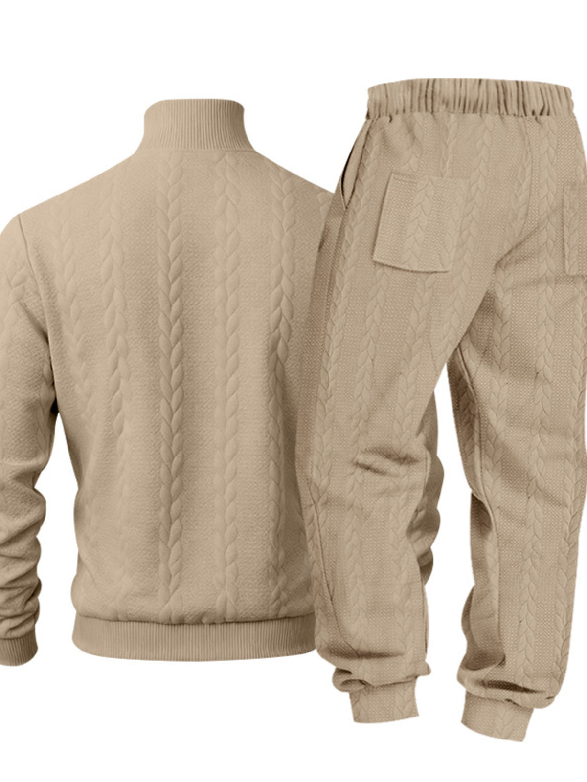 Men's beige cable knit mock neck sweater and jogger pants set, close-up front view