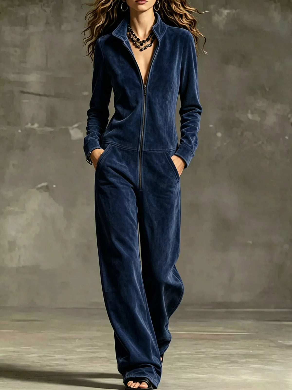 Dark blue velour zip-up jumpsuit with pockets, long sleeves, and wide-leg pants