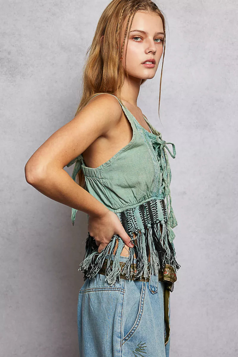 Cedar & Moore POL Lace-Up Fringe Hem Tank with Lace Detail, green sleeveless top with fringe hem