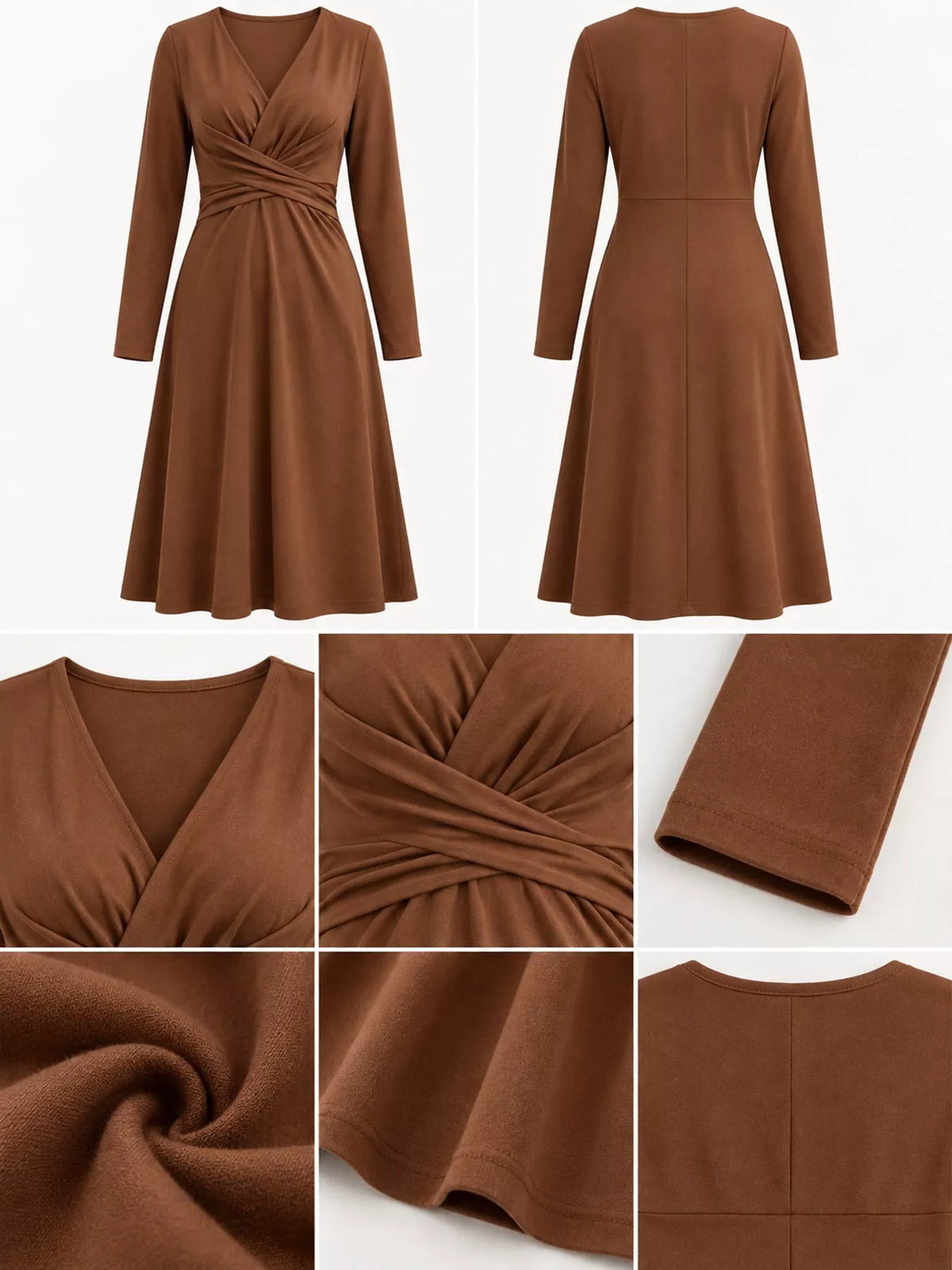Tan ruched midi dress detail: V-neck crisscross gathers, long sleeves, smooth skirt.