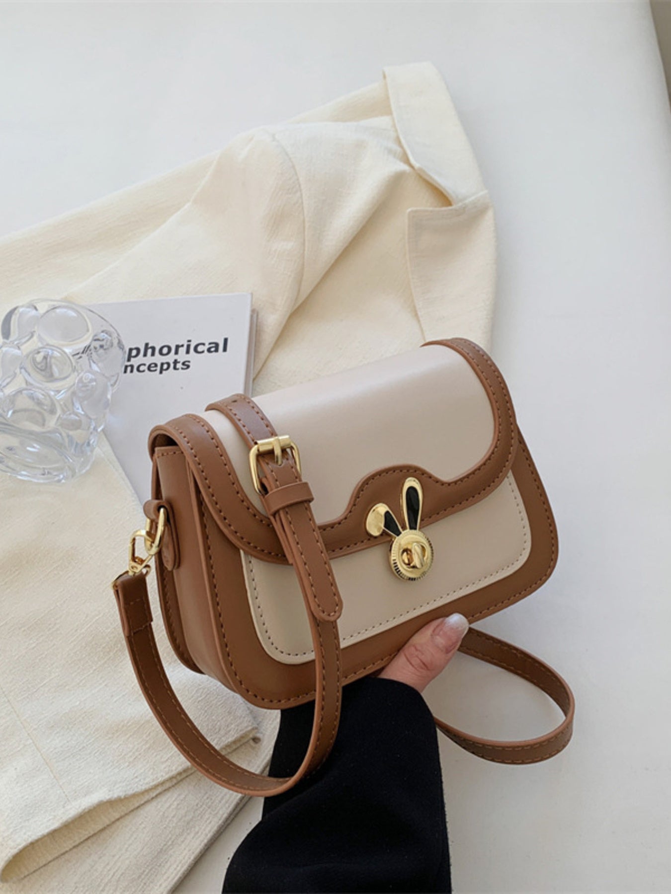 Rabbit Decor Color Block Flap Crossbody Bag, mini PU, brown and beige with gold bunny clasp