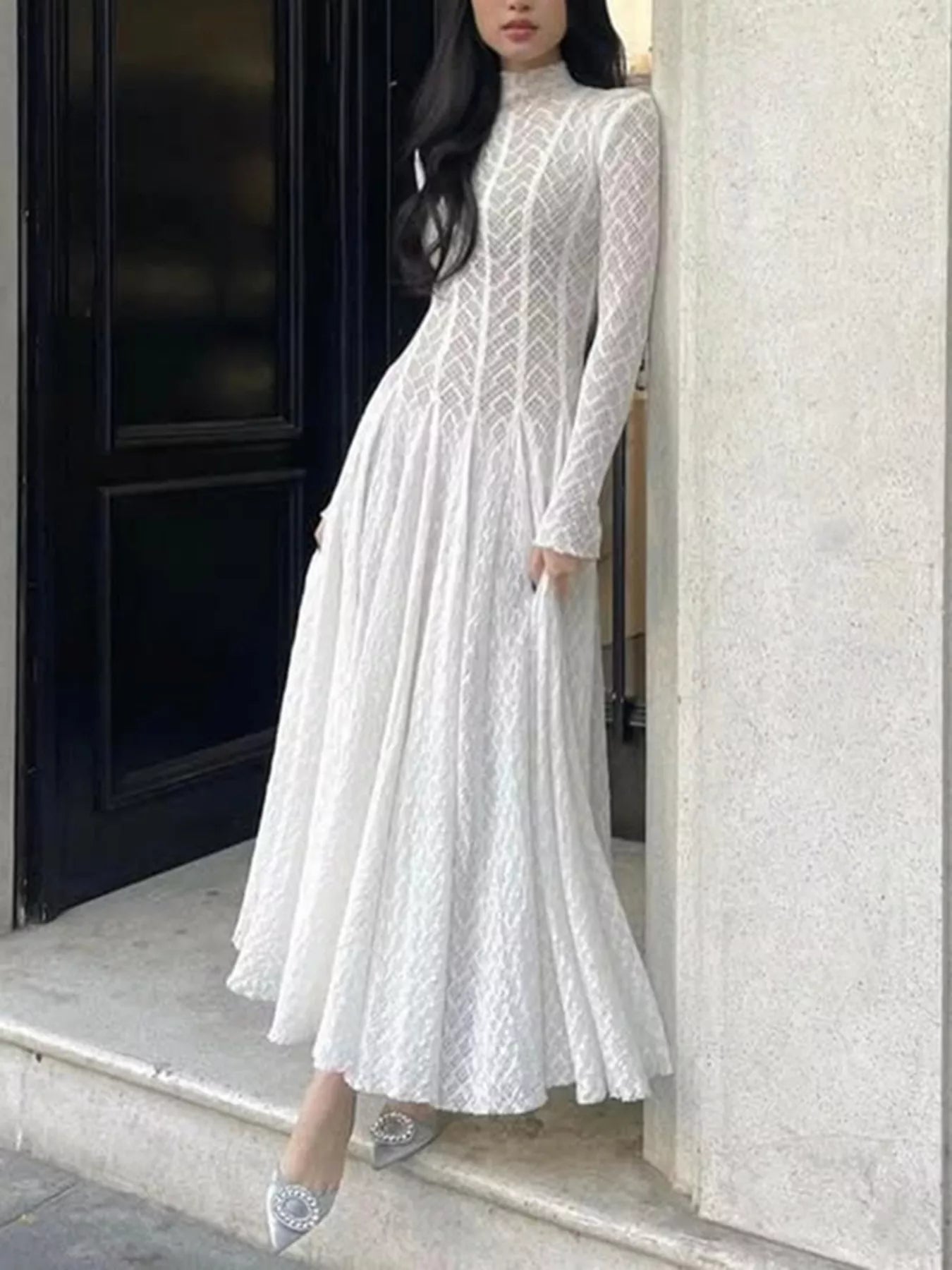 Cedar & Moore Lace Mock Neck Long Sleeve White Maxi Dress by Trendsi, elegant lace pattern, floor-length silhouette