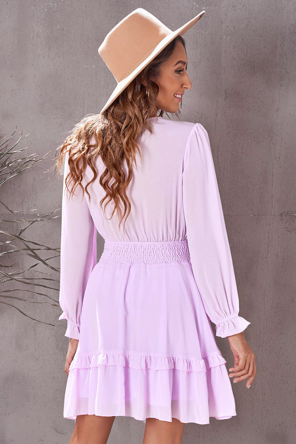Lavender smocked-waist flounce dress with long puff sleeves and tiered ruffle skirt