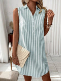 Sleeveless striped shirt dress with button front, light green vertical stripes