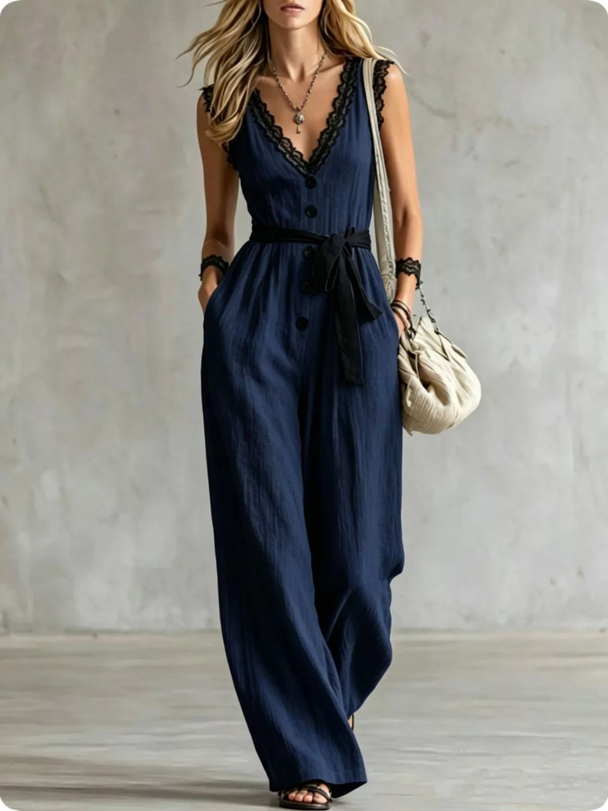Navy blue lace-trim V-neck sleeveless jumpsuit with black button front and waist tie