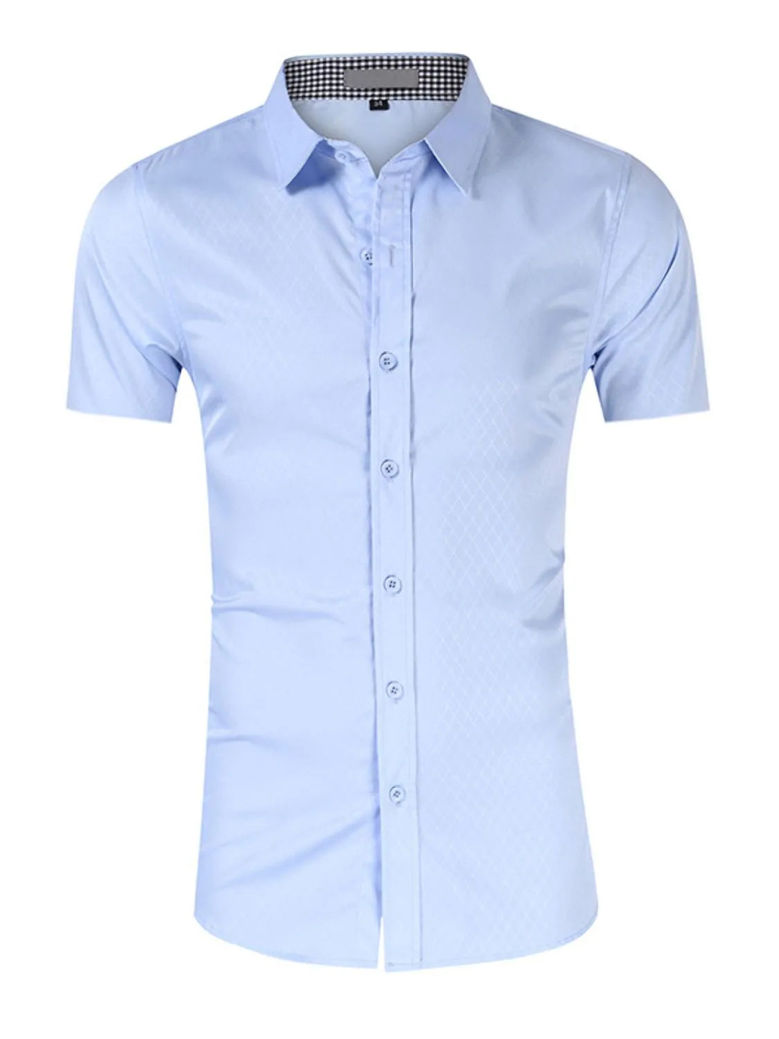 Men's collared short-sleeve shirt, light blue with button front and textured weave.