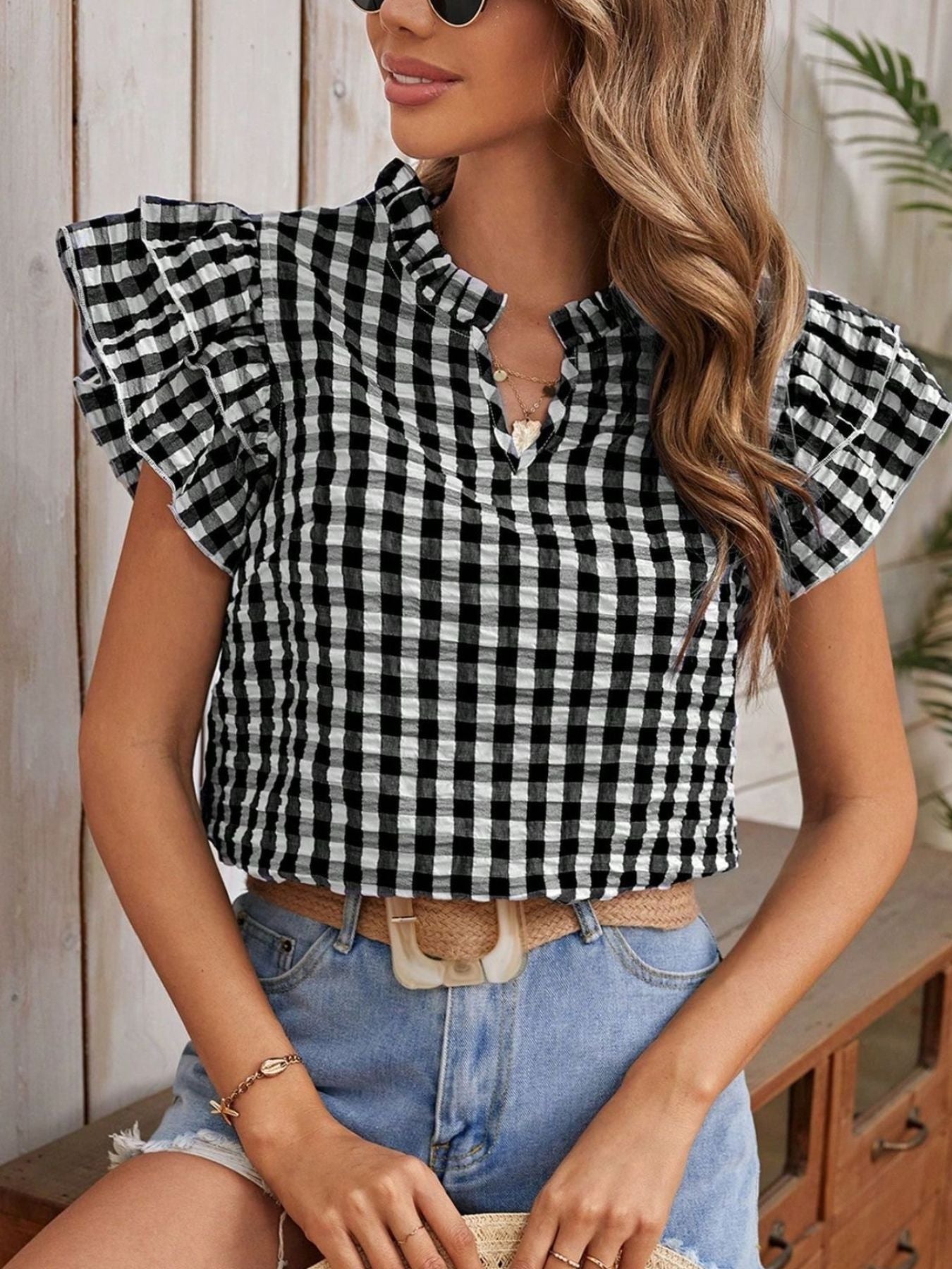 Trendsi Gingham Ruffle Sleeve Blouse, black-and-white gingham with short flutter sleeves