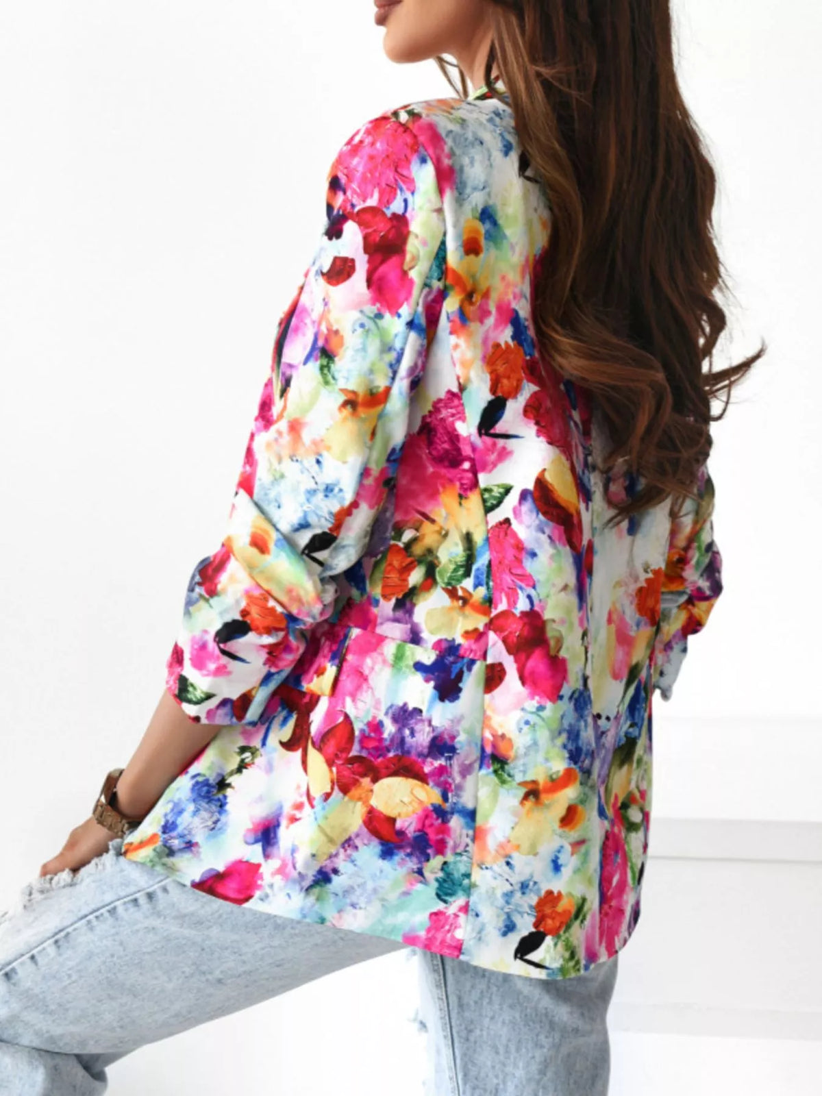 Floral print open-front blazer with long sleeves and front pockets