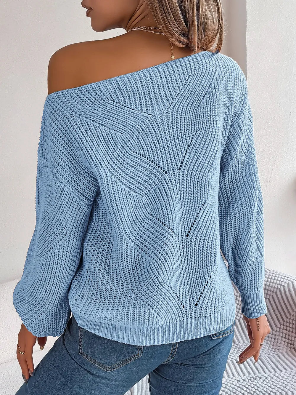 Openwork long-sleeve sweater in misty blue, open-knit back with diagonal diamond design