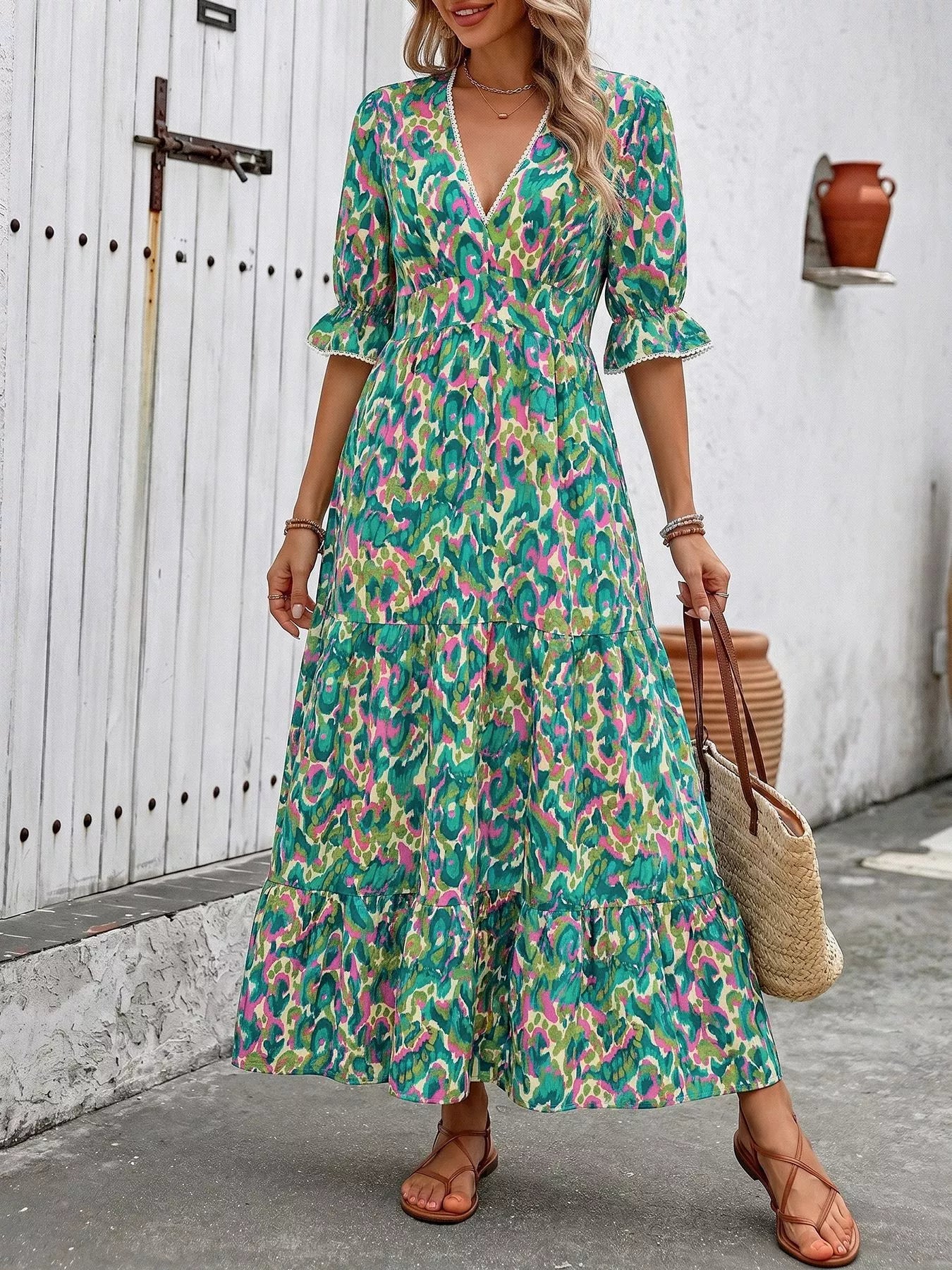 Cedar & Moore Printed V-Neck Flounce Sleeve Dress in green pink abstract print